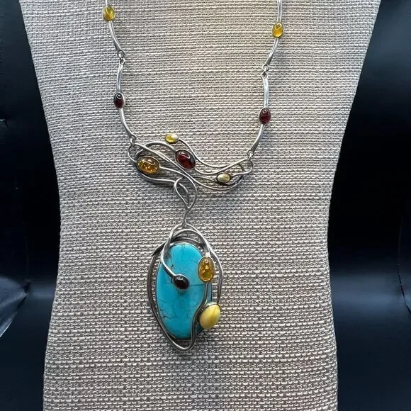 Turquoise and multi color Amber 925 Art Deco design necklace. - Picture 1 of 8